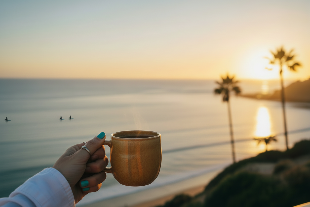 Palm sunset no flare with surfers